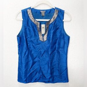 Ann Taylor Sleeveless Silk Blouse with Sequin Beads Embellished Neckline Size 6